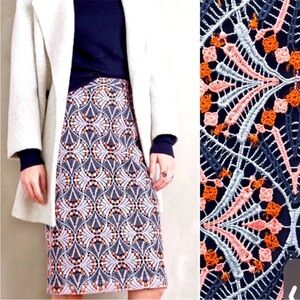 Moulinette Soeurs Anthropology Feminine Embroidered Blue peach Pencil skirt 10